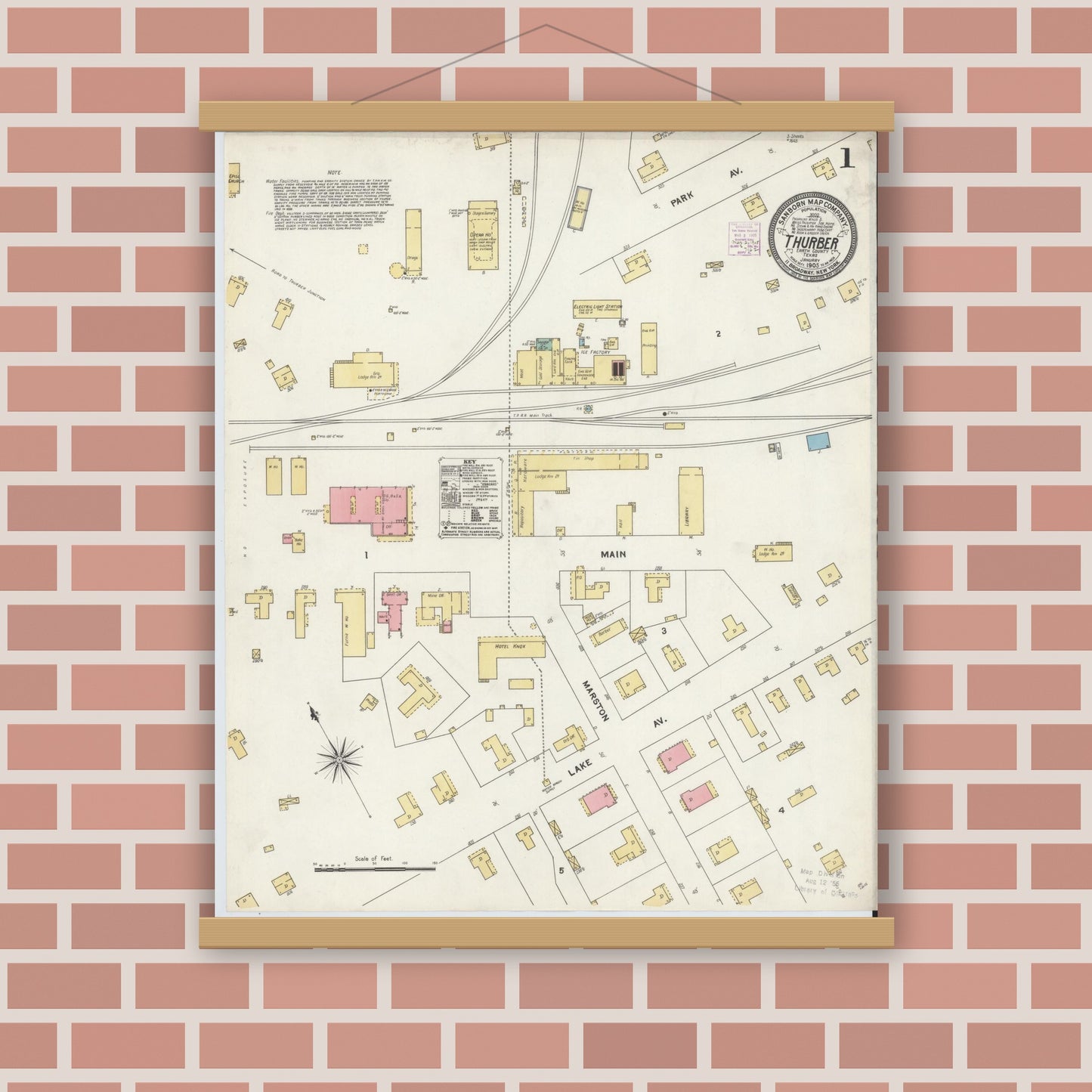 Old map wall art mockup — magnetic wood frame on brick wall — Sanborn Fire Insurance Map from Thurber, Erath County, Texas (1905), Sheet #0001