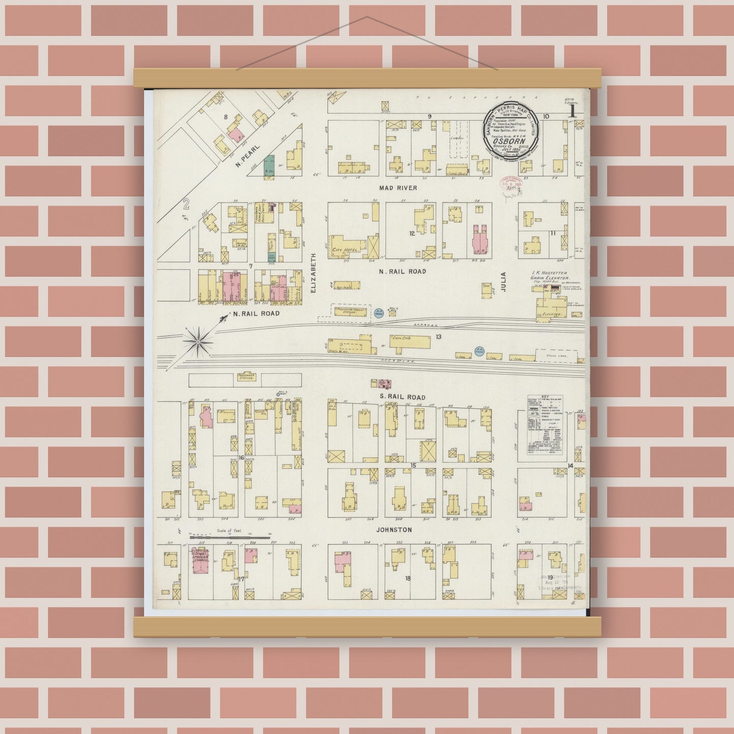 Old map wall art mockup — magnetic wood frame on brick wall — Sanborn Fire Insurance Map from Osborn, Greene County, Ohio (1895), Sheet #0001