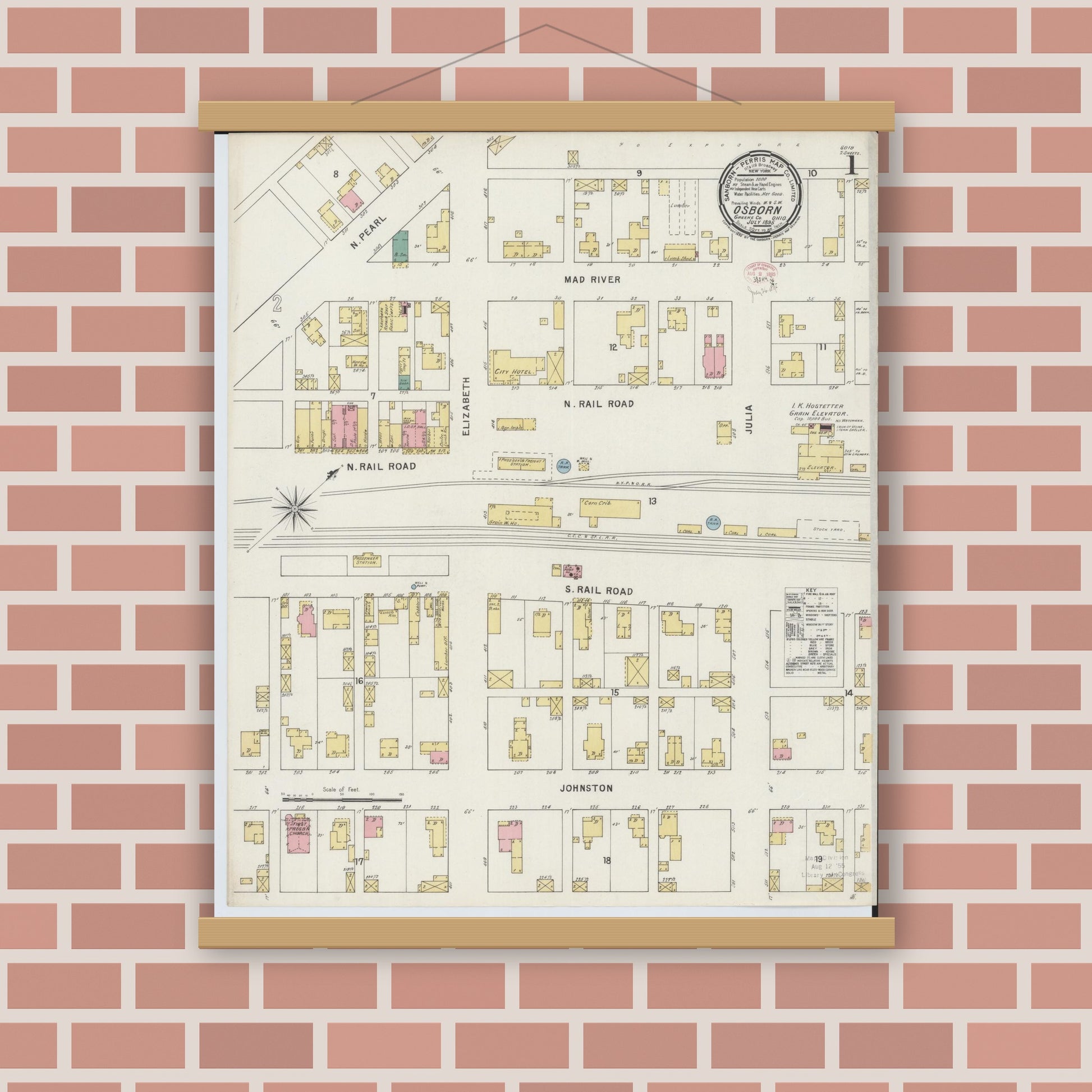 Old map wall art mockup — magnetic wood frame on brick wall — Sanborn Fire Insurance Map from Osborn, Greene County, Ohio (1895), Sheet #0001