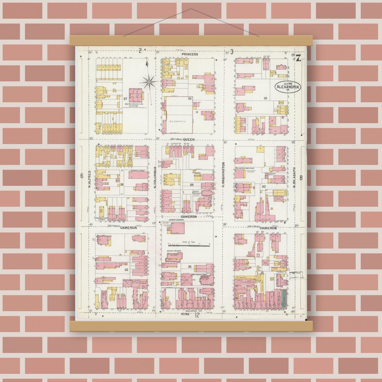 Old map wall art mockup — magnetic wood frame on brick wall — Sanborn Fire Insurance Map from Alexandria, Independent Cities, Virginia (1902), Sheet #0007
