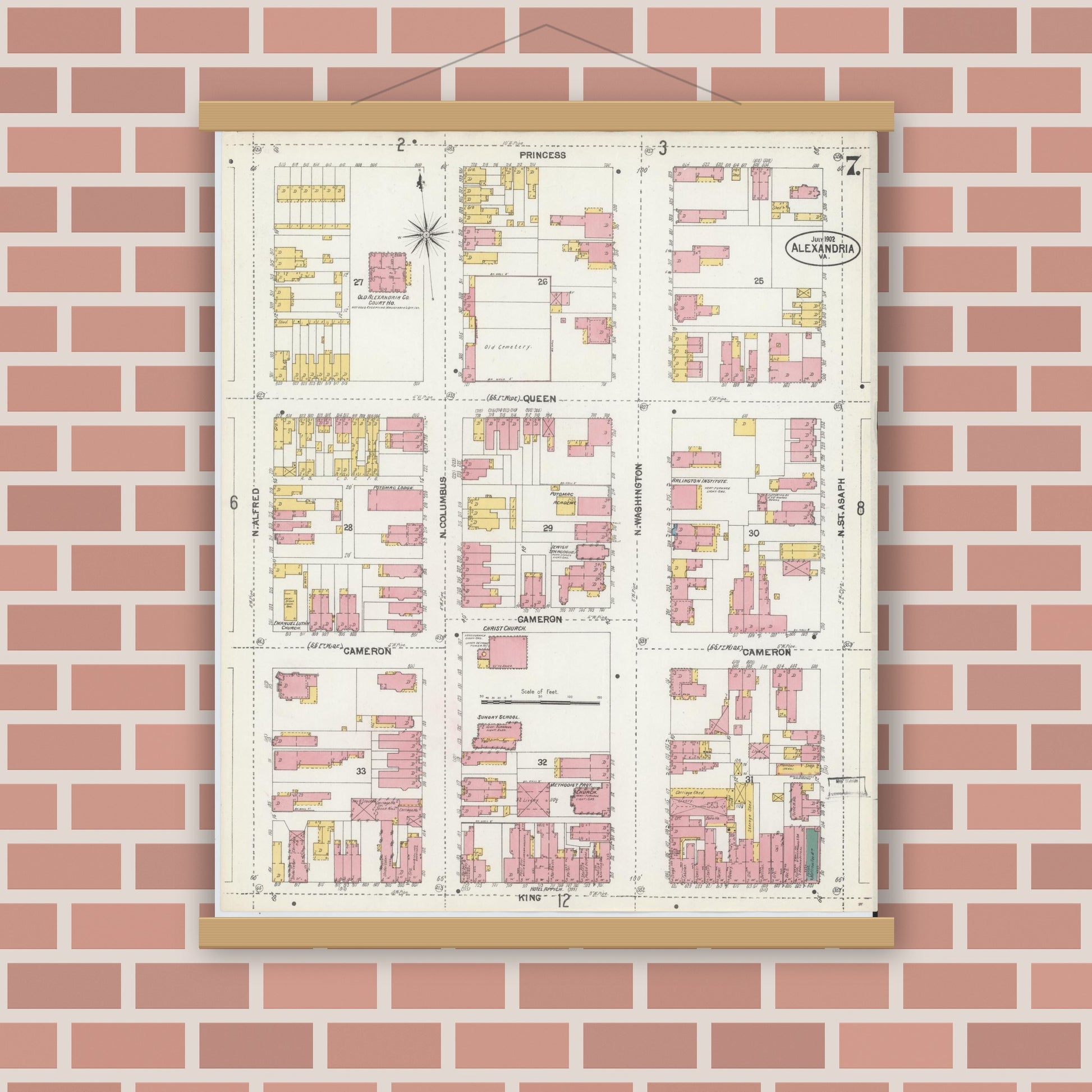 Old map wall art mockup — magnetic wood frame on brick wall — Sanborn Fire Insurance Map from Alexandria, Independent Cities, Virginia (1902), Sheet #0007