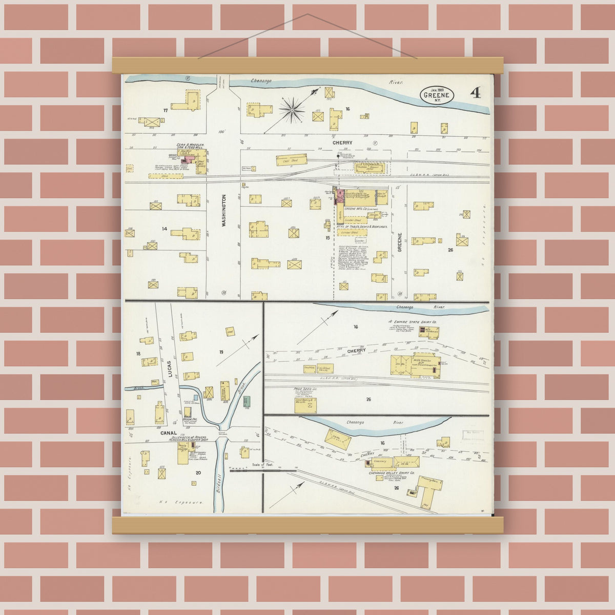 Old map wall art mockup — magnetic wood frame on brick wall — Sanborn Fire Insurance Map from Greene, Chenango County, New York (1903), Sheet #0004