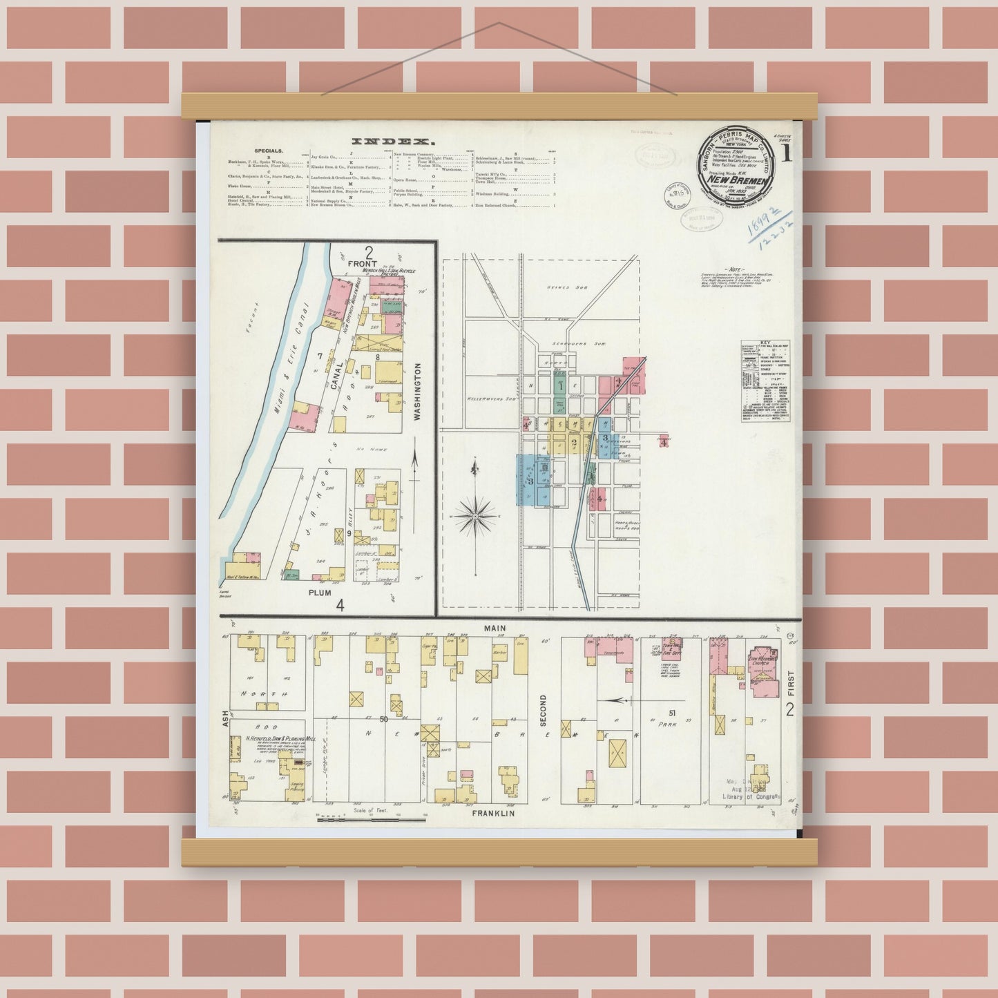 Old map wall art mockup — magnetic wood frame on brick wall — Sanborn Fire Insurance Map from New Bremen, Auglaize County, Ohio (1899) - Complete Map Set