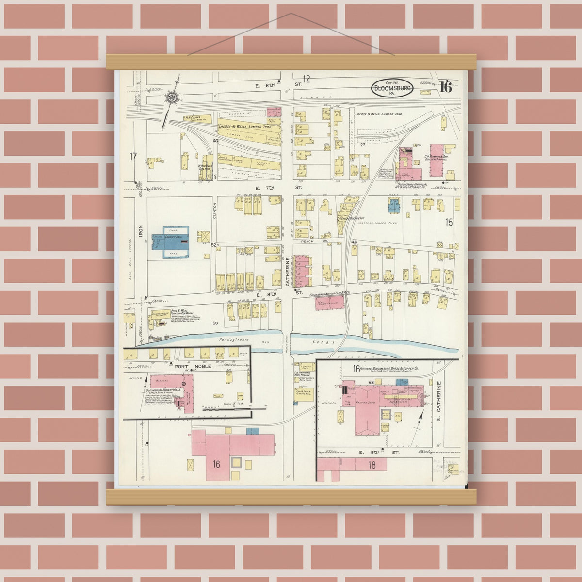 Old map wall art mockup — magnetic wood frame on brick wall — Sanborn Fire Insurance Map from Bloomsburg, Columbia County, Pennsylvania (1913), Sheet #0016