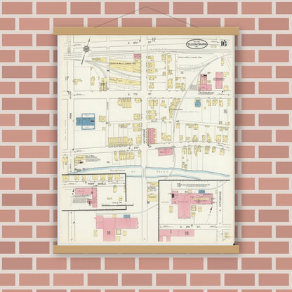Old map wall art mockup — magnetic wood frame on brick wall — Sanborn Fire Insurance Map from Bloomsburg, Columbia County, Pennsylvania (1913), Sheet #0016