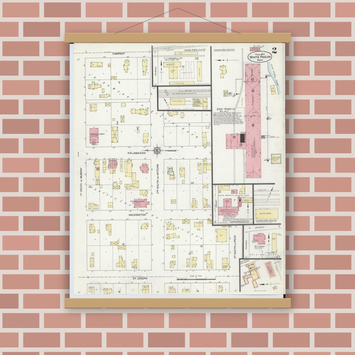 Old map wall art mockup — magnetic wood frame on brick wall — Sanborn Fire Insurance Map from White Pigeon, Saint Joseph County, Michigan (1914), Sheet #0002