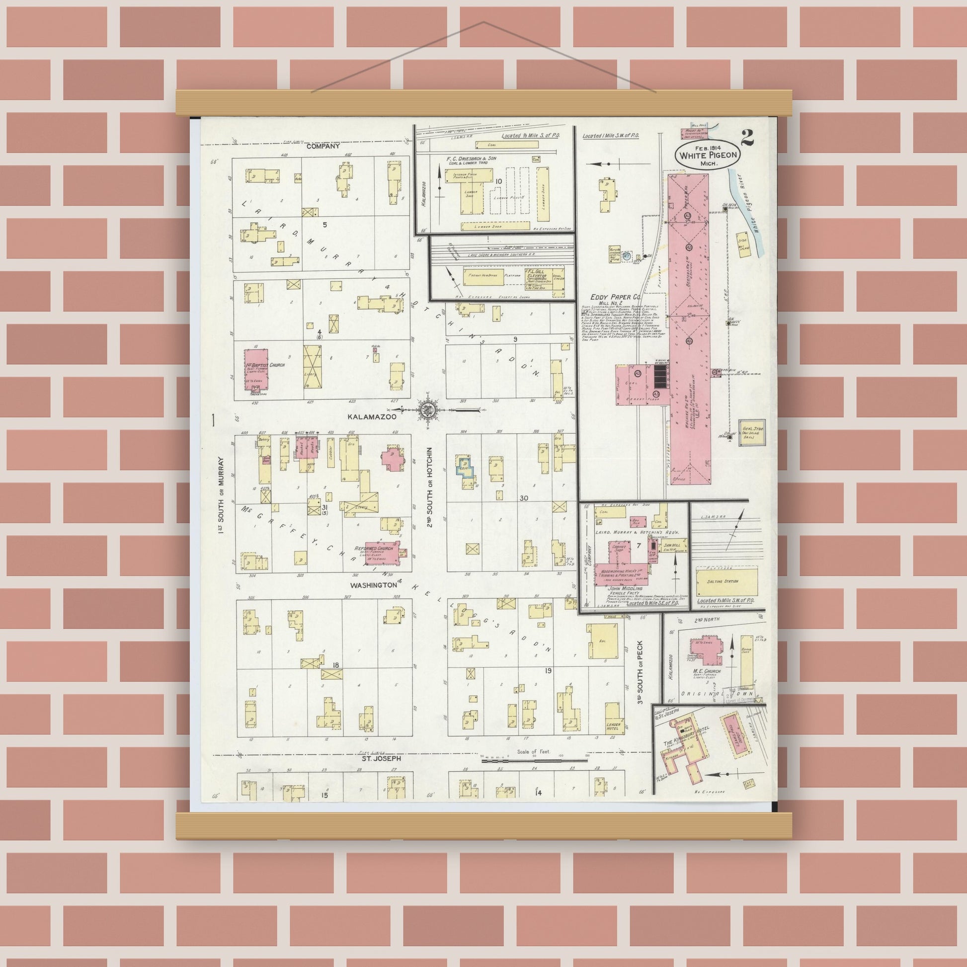 Old map wall art mockup — magnetic wood frame on brick wall — Sanborn Fire Insurance Map from White Pigeon, Saint Joseph County, Michigan (1914), Sheet #0002