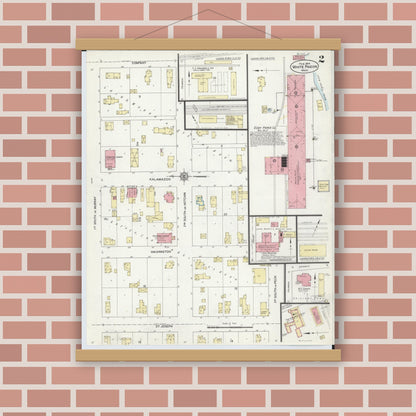 Old map wall art mockup — magnetic wood frame on brick wall — Sanborn Fire Insurance Map from White Pigeon, Saint Joseph County, Michigan (1914), Sheet #0002