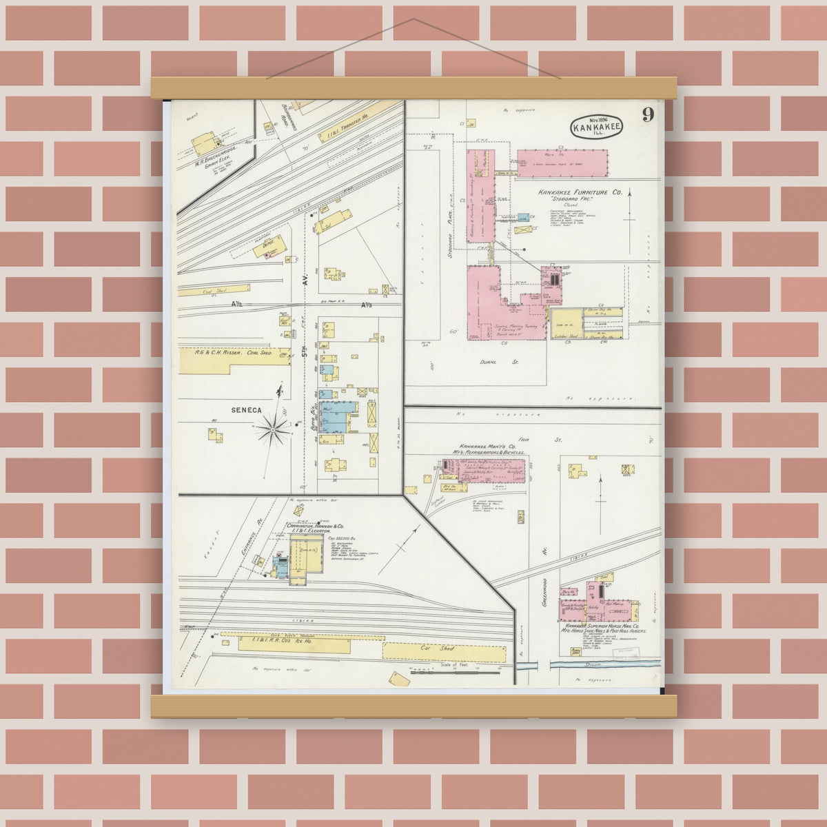 Old map wall art mockup — magnetic wood frame on brick wall — Sanborn Fire Insurance Map from Kankakee, Kankakee County, Illinois (1896), Sheet #0009