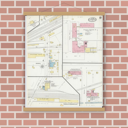 Old map wall art mockup — magnetic wood frame on brick wall — Sanborn Fire Insurance Map from Kankakee, Kankakee County, Illinois (1896), Sheet #0009