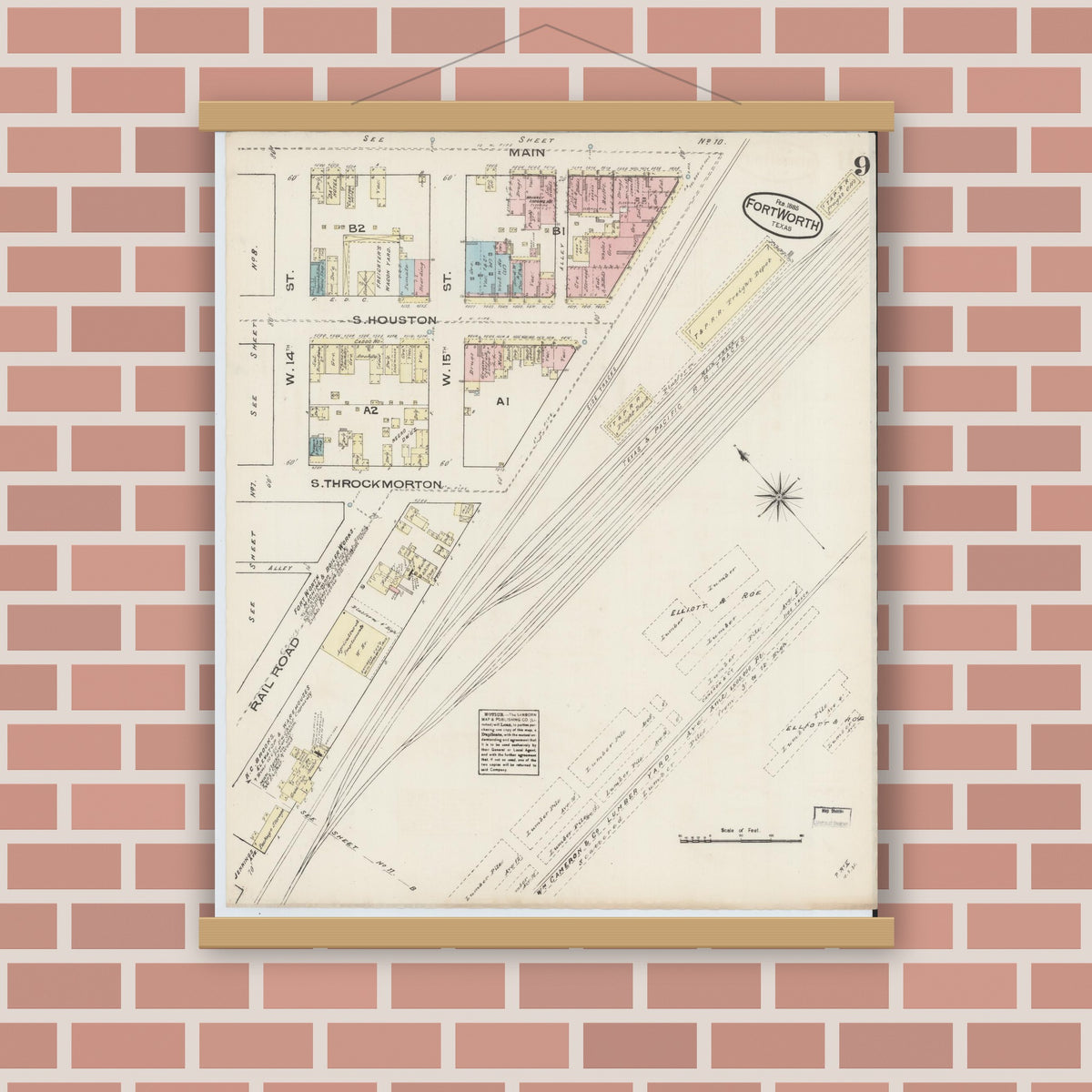 Old map wall art mockup — magnetic wood frame on brick wall — Sanborn Fire Insurance Map from Fort Worth, Tarrant County, Texas (1885), Sheet #0009