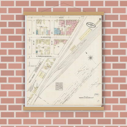 Old map wall art mockup — magnetic wood frame on brick wall — Sanborn Fire Insurance Map from Fort Worth, Tarrant County, Texas (1885), Sheet #0009