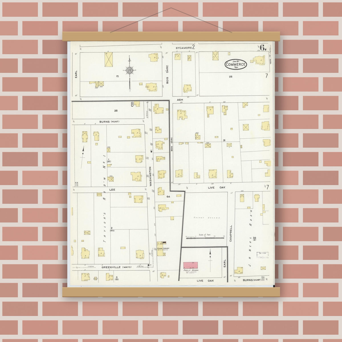 Old map wall art mockup — magnetic wood frame on brick wall — Sanborn Fire Insurance Map from Commerce, Hunt County, Texas (1911), Sheet #0006