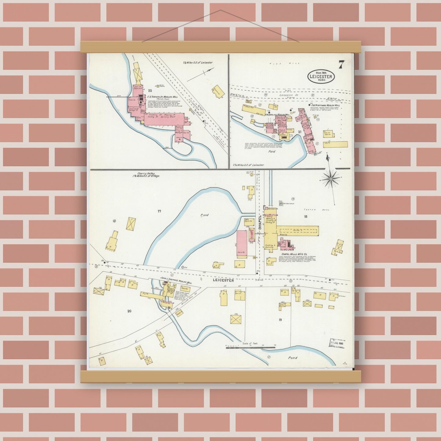 Old map wall art mockup — magnetic wood frame on brick wall — Sanborn Fire Insurance Map from Leicester, Worcester County, Massachusetts (1904), Sheet #0007