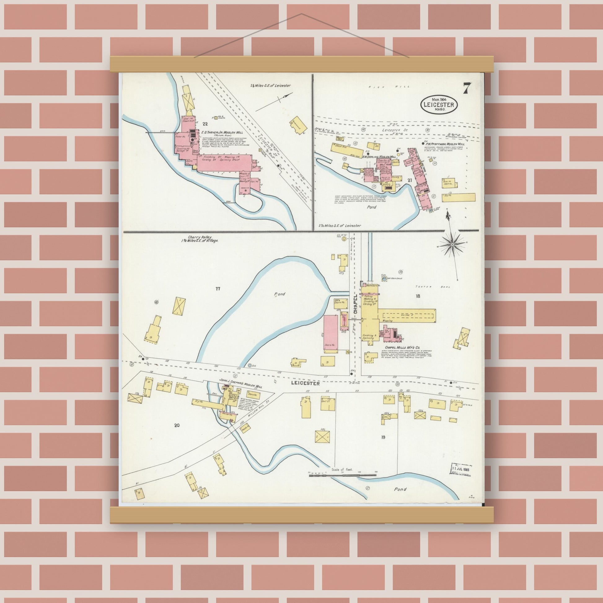 Old map wall art mockup — magnetic wood frame on brick wall — Sanborn Fire Insurance Map from Leicester, Worcester County, Massachusetts (1904), Sheet #0007
