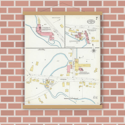 Old map wall art mockup — magnetic wood frame on brick wall — Sanborn Fire Insurance Map from Leicester, Worcester County, Massachusetts (1904), Sheet #0007