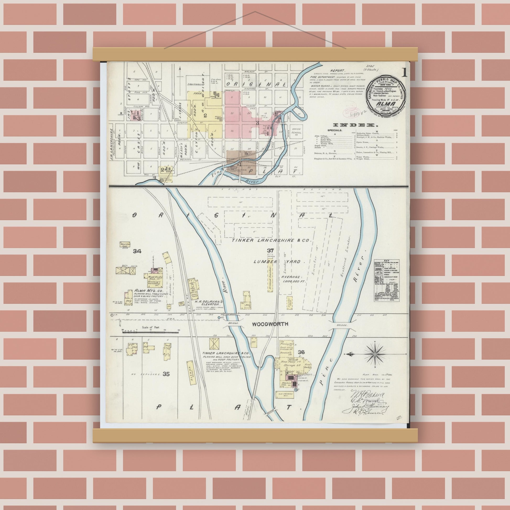Old map wall art mockup — magnetic wood frame on brick wall — Sanborn Fire Insurance Map from Alma, Gratiot County, Michigan (1890), Sheet #0001