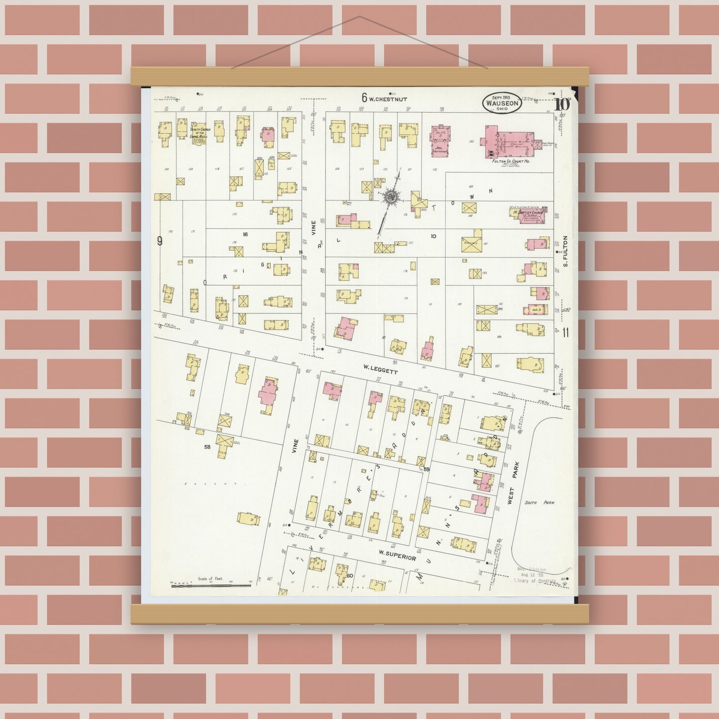 Old map wall art mockup — magnetic wood frame on brick wall — Sanborn Fire Insurance Map from Wauseon, Fulton County, Ohio (1910), Sheet #0010