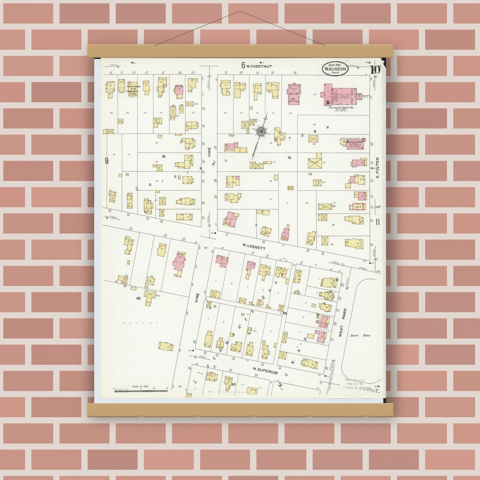 Old map wall art mockup — magnetic wood frame on brick wall — Sanborn Fire Insurance Map from Wauseon, Fulton County, Ohio (1910), Sheet #0010
