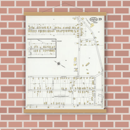 Old map wall art mockup — magnetic wood frame on brick wall — Sanborn Fire Insurance Map from Kingston, Luzerne County, Pennsylvania (1919), Sheet #0019