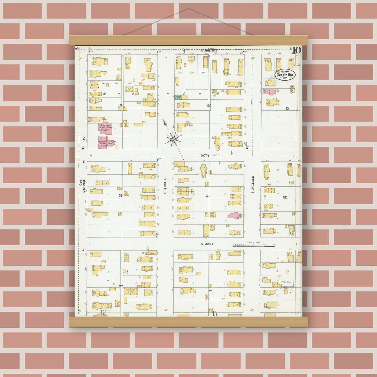 Old map wall art mockup — magnetic wood frame on brick wall — Sanborn Fire Insurance Map from Green Bay, Brown County, Wisconsin (1900), Sheet #0010