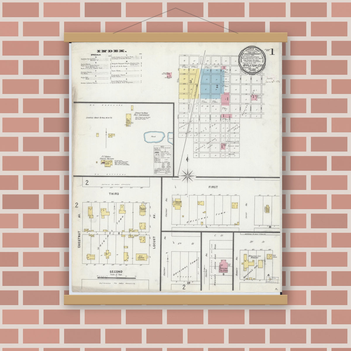 Old map wall art mockup — magnetic wood frame on brick wall — Sanborn Fire Insurance Map from Appleton City, Saint Clair County, Missouri (1896) - Complete Map Set