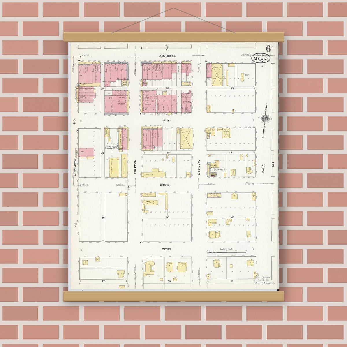 Old map wall art mockup — magnetic wood frame on brick wall — Sanborn Fire Insurance Map from Mexia, Limestone County, Texas (1911), Sheet #0006