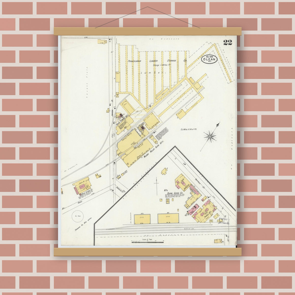 Old map wall art mockup — magnetic wood frame on brick wall — Sanborn Fire Insurance Map from Olean, Cattaraugus County, New York (1898), Sheet #0022