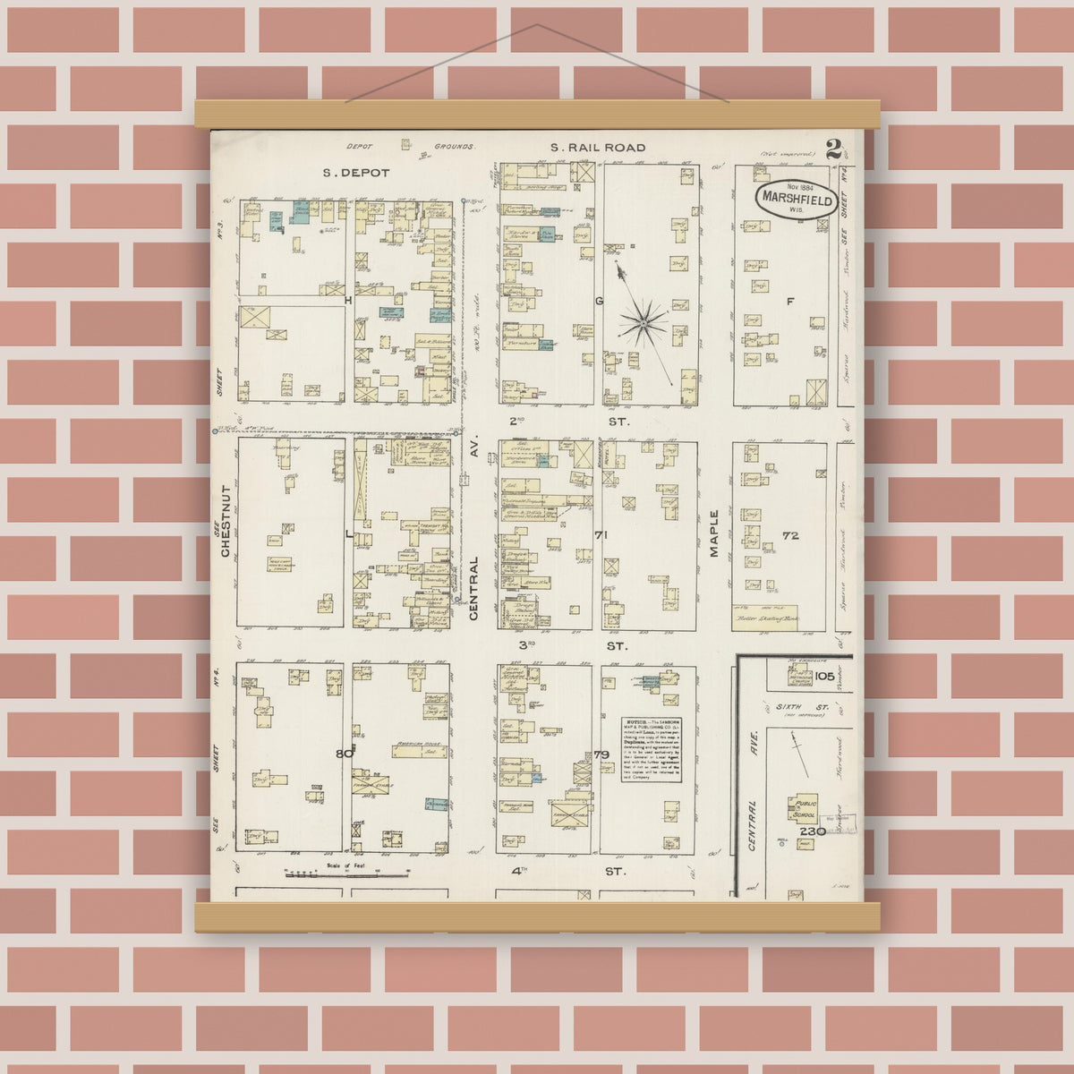 Old map wall art mockup — magnetic wood frame on brick wall — Sanborn Fire Insurance Map from Marshfield, Wood County, Wisconsin (1884), Sheet #0002
