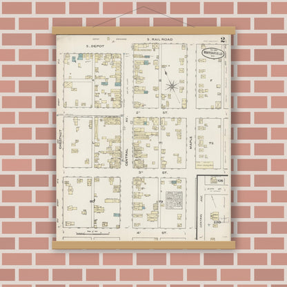 Old map wall art mockup — magnetic wood frame on brick wall — Sanborn Fire Insurance Map from Marshfield, Wood County, Wisconsin (1884), Sheet #0002