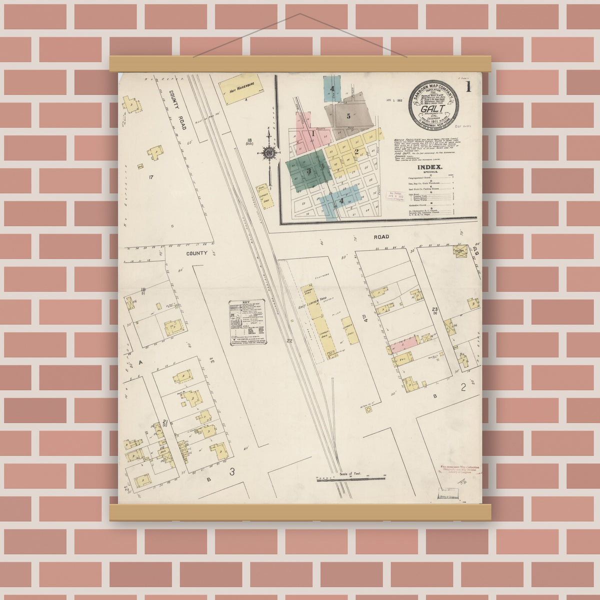 Old map wall art mockup — magnetic wood frame on brick wall — Sanborn Fire Insurance Map from Galt, Sacramento County, California (1911), Sheet #0001