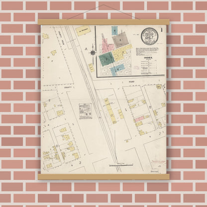 Old map wall art mockup — magnetic wood frame on brick wall — Sanborn Fire Insurance Map from Galt, Sacramento County, California (1911), Sheet #0001