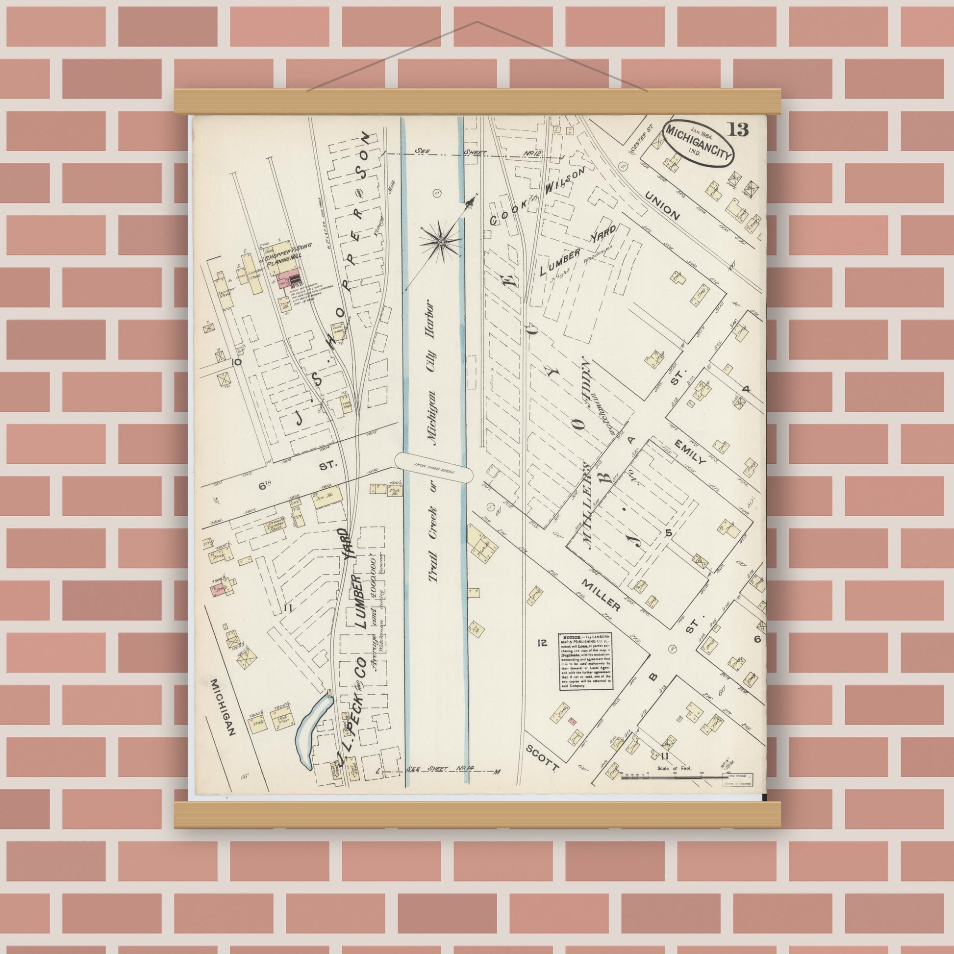 Old map wall art mockup — magnetic wood frame on brick wall — Sanborn Fire Insurance Map from Michigan City, La Porte  County, Indiana (1884), Sheet #0013