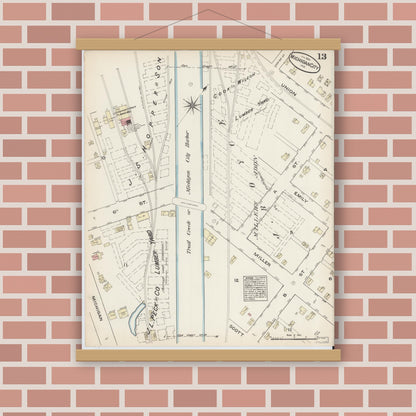 Old map wall art mockup — magnetic wood frame on brick wall — Sanborn Fire Insurance Map from Michigan City, La Porte  County, Indiana (1884), Sheet #0013