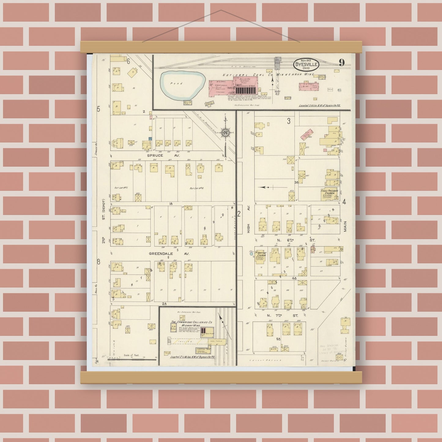 Old map wall art mockup — magnetic wood frame on brick wall — Sanborn Fire Insurance Map from Byesville, Guernsey County, Ohio (1913), Sheet #0009