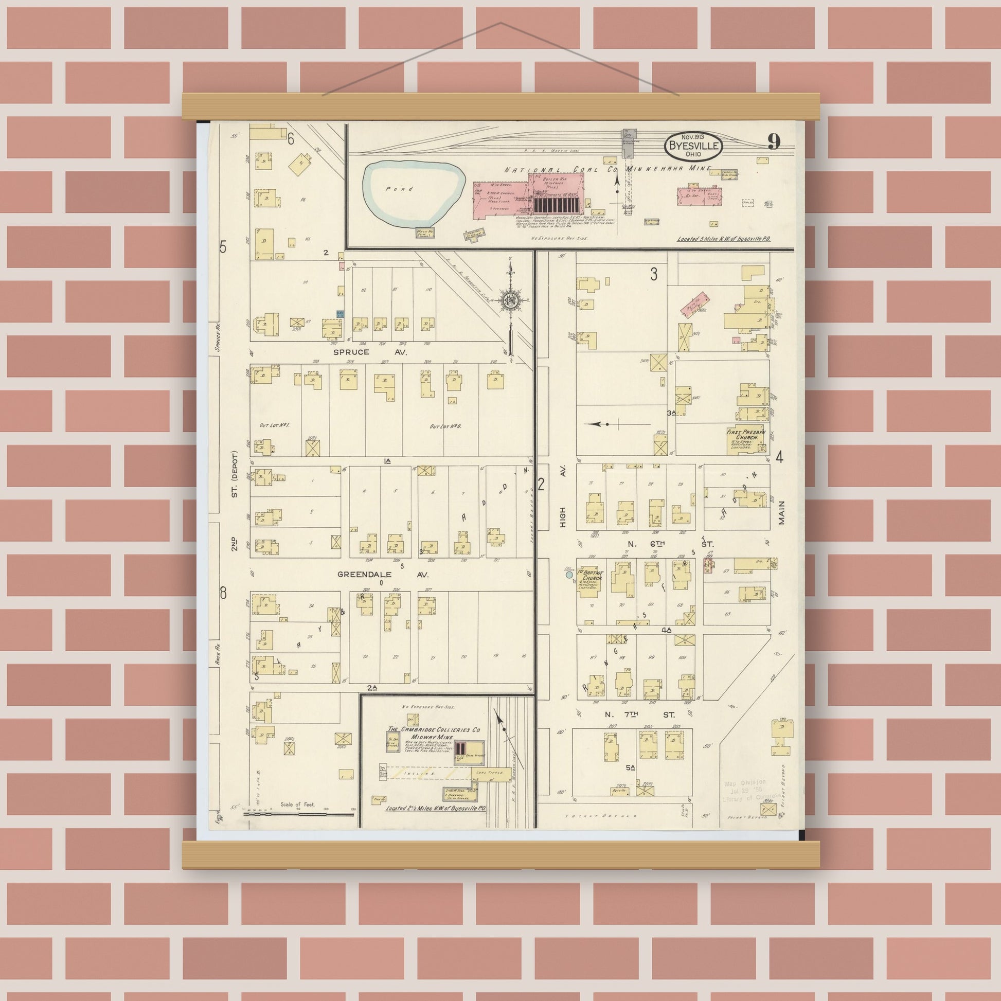 Old map wall art mockup — magnetic wood frame on brick wall — Sanborn Fire Insurance Map from Byesville, Guernsey County, Ohio (1913), Sheet #0009