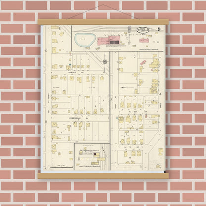 Old map wall art mockup — magnetic wood frame on brick wall — Sanborn Fire Insurance Map from Byesville, Guernsey County, Ohio (1913), Sheet #0009