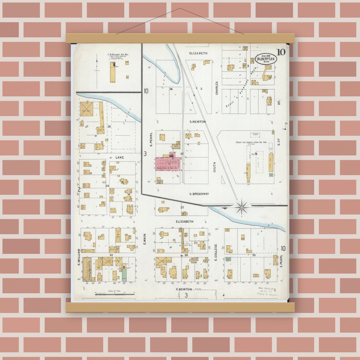 Old map wall art mockup — magnetic wood frame on brick wall — Sanborn Fire Insurance Map from Albert Lea, Freeborn County, Minnesota (1899), Sheet #0010