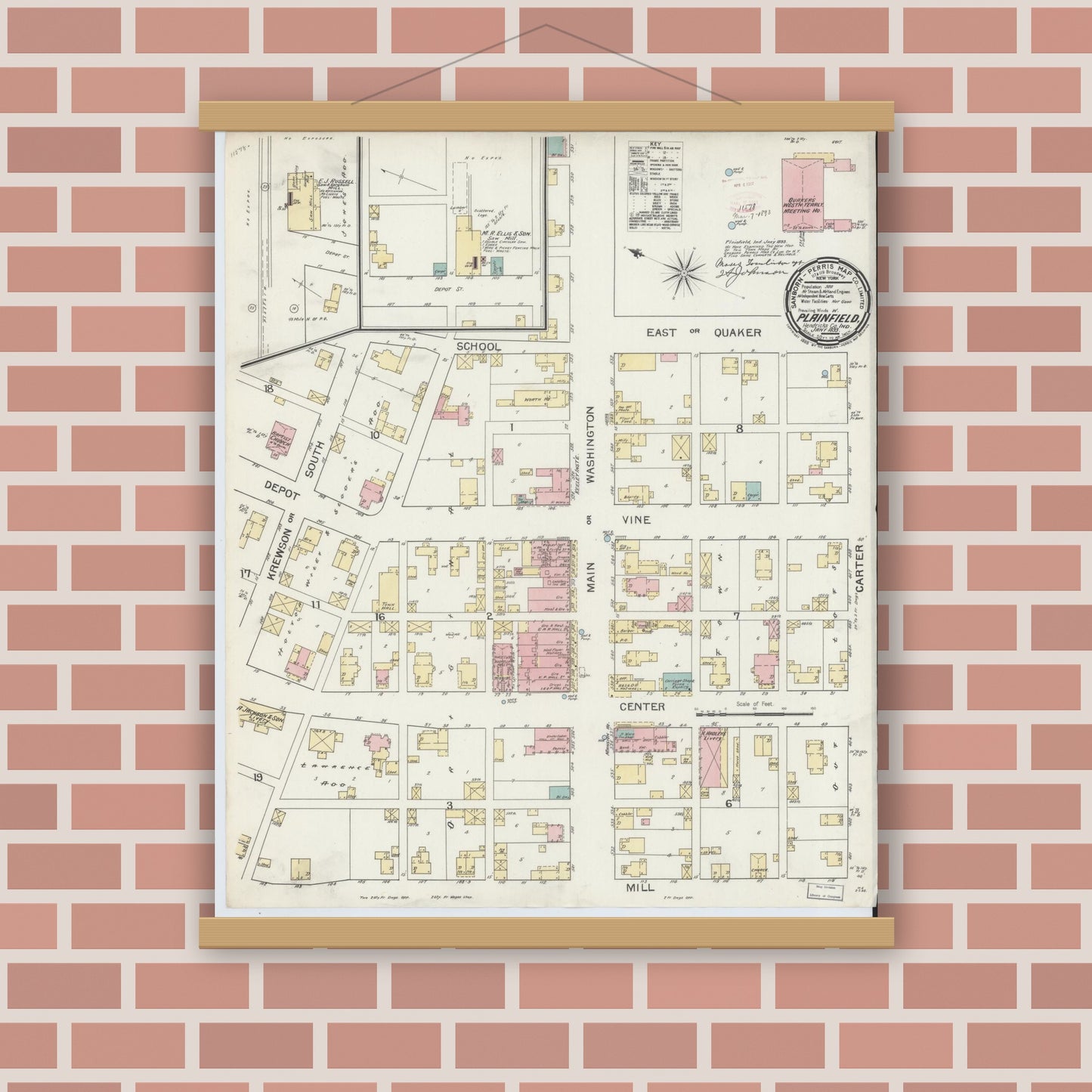 Old map wall art mockup — magnetic wood frame on brick wall — Sanborn Fire Insurance Map from Plainfield, Hendricks County, Indiana (1893), Sheet #0001