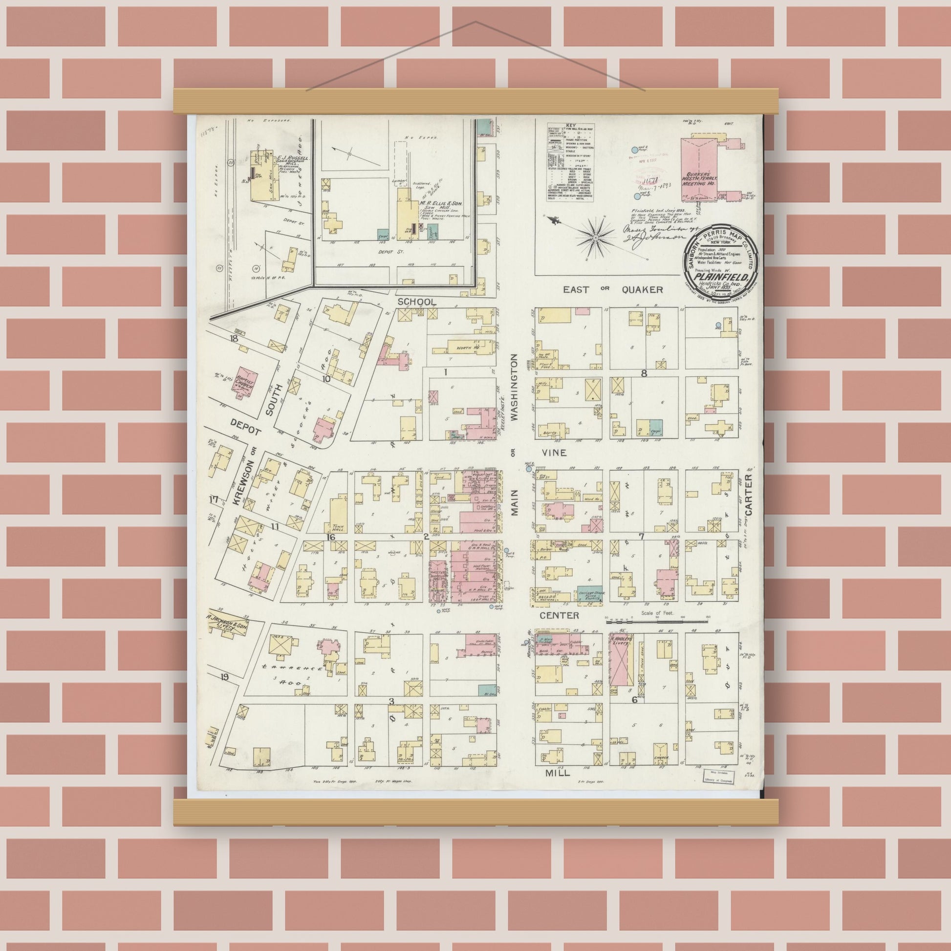 Old map wall art mockup — magnetic wood frame on brick wall — Sanborn Fire Insurance Map from Plainfield, Hendricks County, Indiana (1893), Sheet #0001