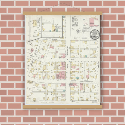 Old map wall art mockup — magnetic wood frame on brick wall — Sanborn Fire Insurance Map from Plainfield, Hendricks County, Indiana (1893), Sheet #0001
