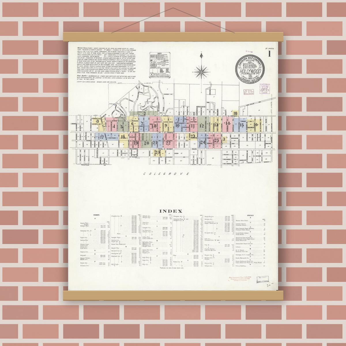 Old map wall art mockup — magnetic wood frame on brick wall — Sanborn Fire Insurance Map from Hollywood, Los Angeles County, California (1907), Sheet #0001