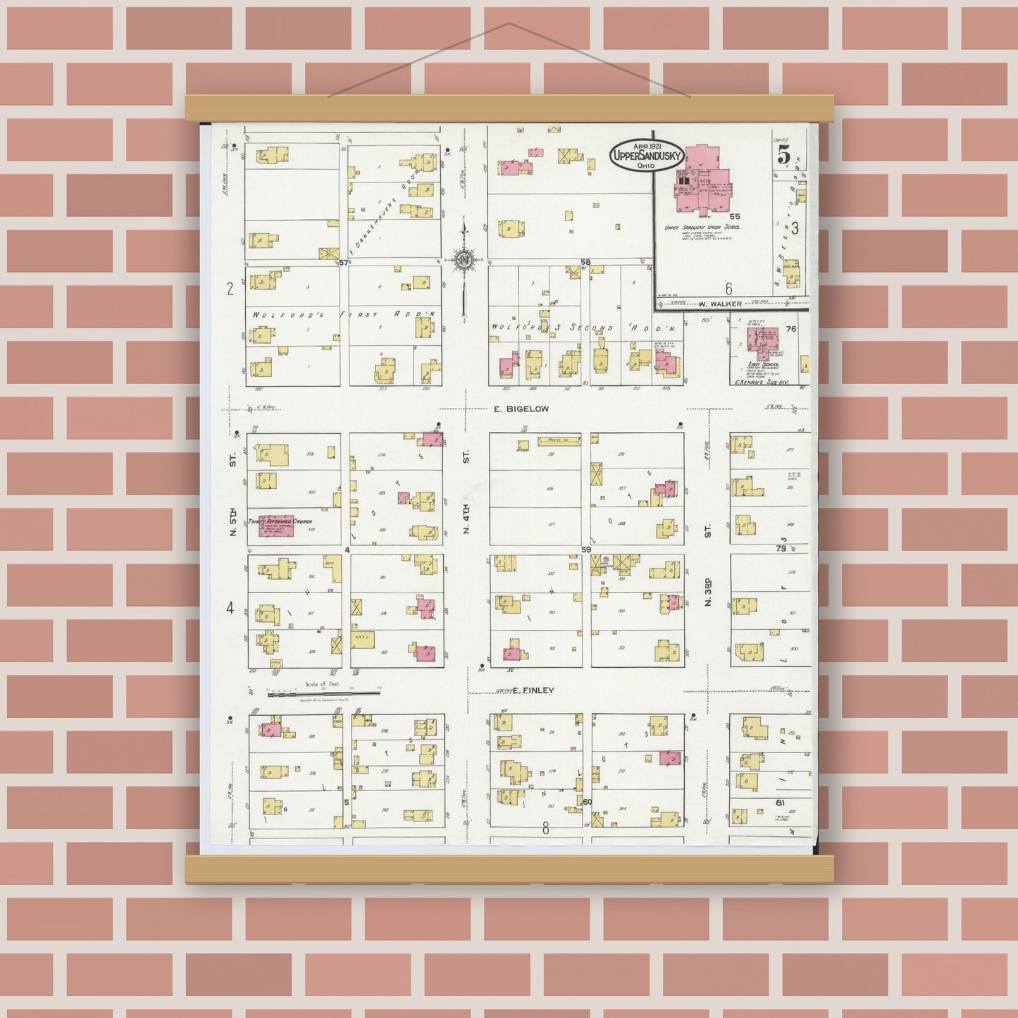 Old map wall art mockup — magnetic wood frame on brick wall — Sanborn Fire Insurance Map from Upper Sandusky, Wyandot County, Ohio (1921), Sheet #0005