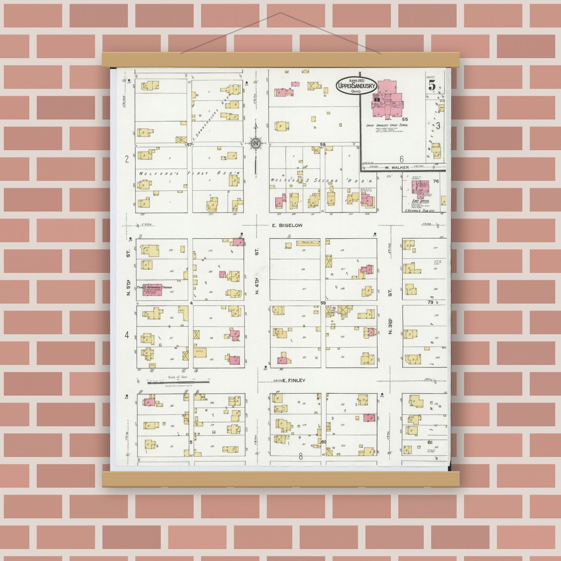 Old map wall art mockup — magnetic wood frame on brick wall — Sanborn Fire Insurance Map from Upper Sandusky, Wyandot County, Ohio (1921), Sheet #0005