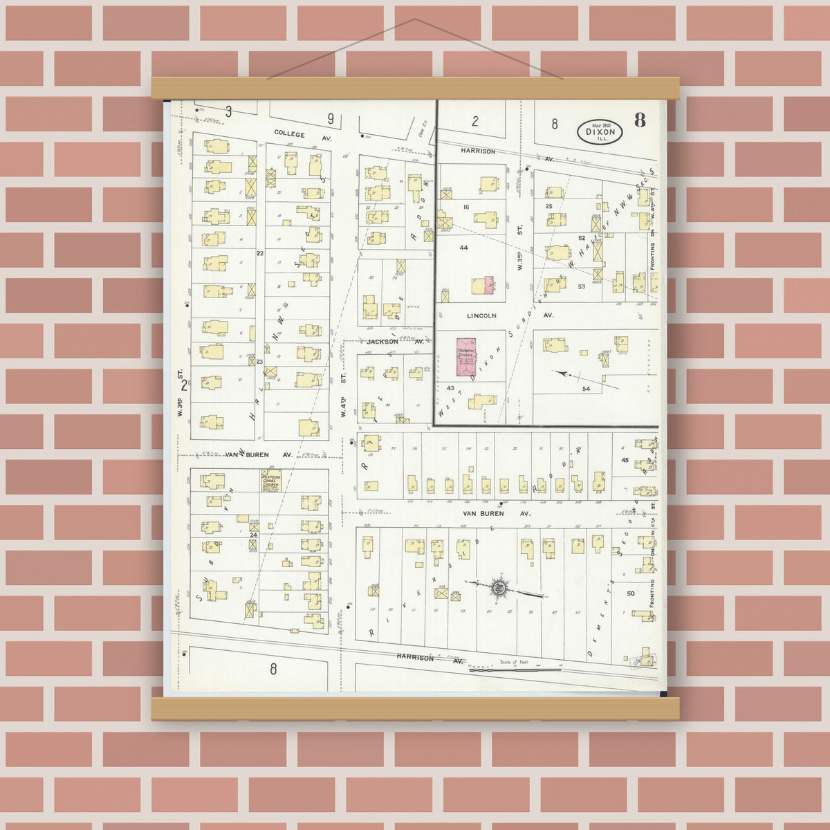 Old map wall art mockup — magnetic wood frame on brick wall — Sanborn Fire Insurance Map from Dixon, Lee County, Illinois (1910), Sheet #0008