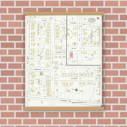 Old map wall art mockup — magnetic wood frame on brick wall — Sanborn Fire Insurance Map from Dixon, Lee County, Illinois (1910), Sheet #0008