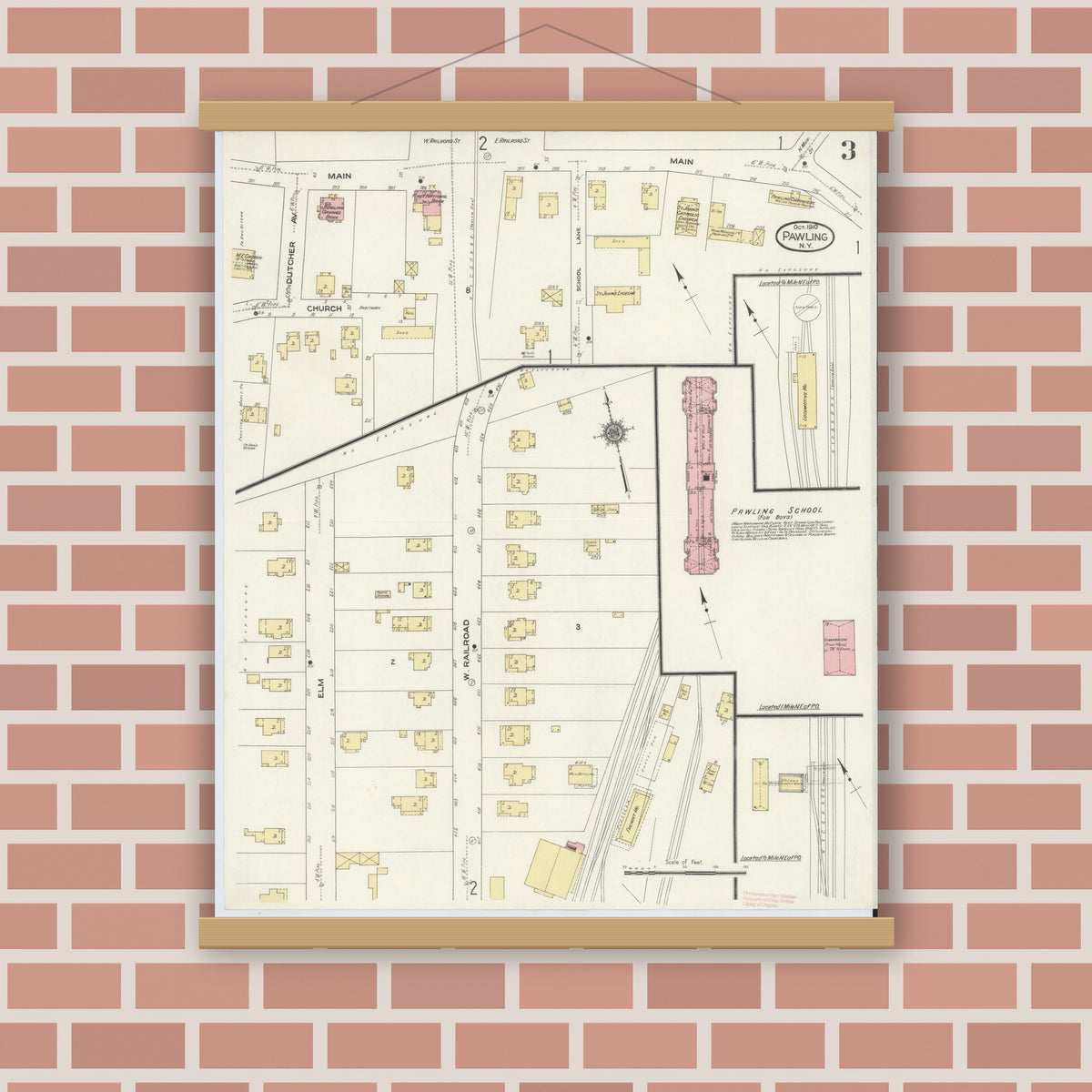 Old map wall art mockup — magnetic wood frame on brick wall — Sanborn Fire Insurance Map from Pawling, Dutchess County, New York (1910), Sheet #0003