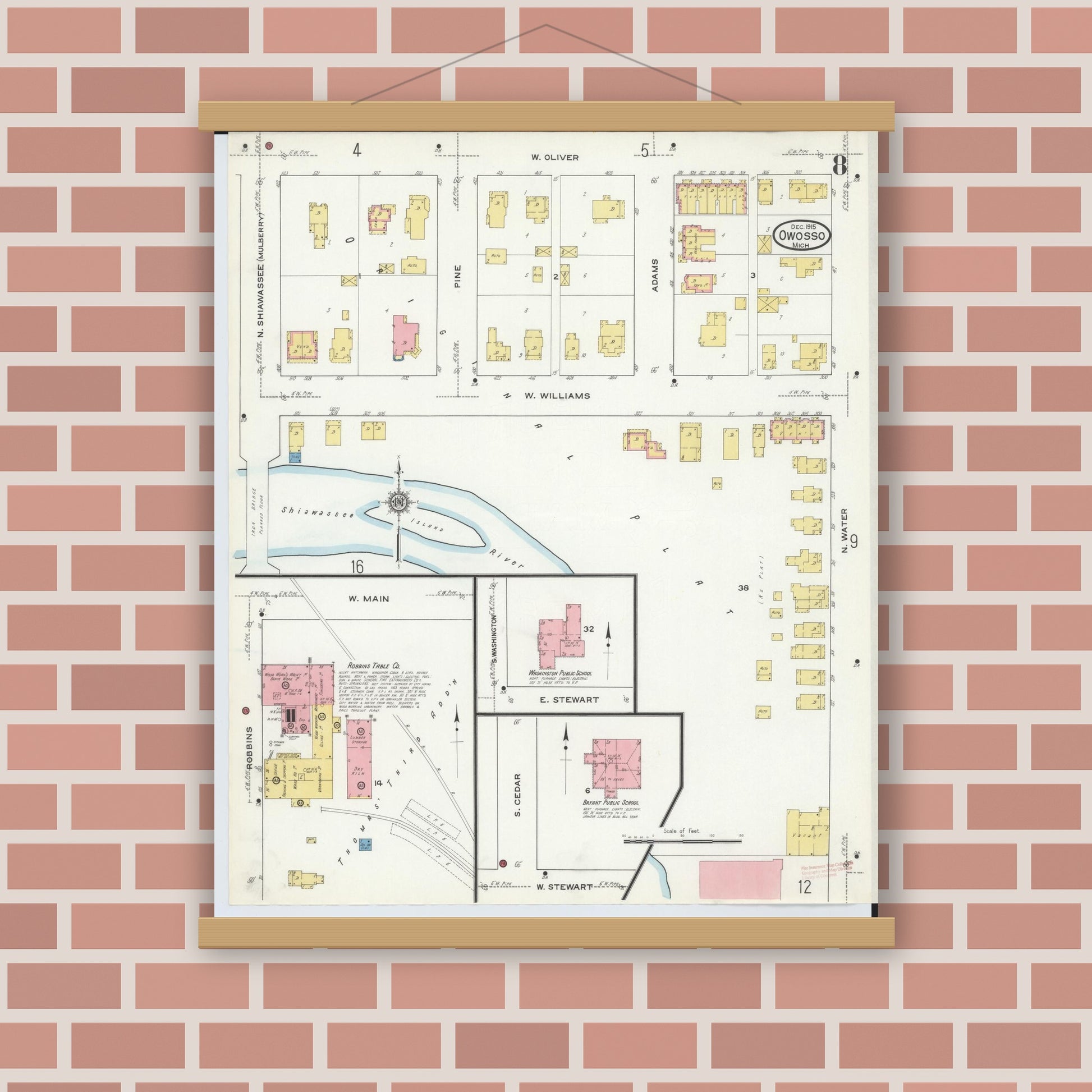 Old map wall art mockup — magnetic wood frame on brick wall — Sanborn Fire Insurance Map from Owosso, Shiawassee County, Michigan (1915), Sheet #0008