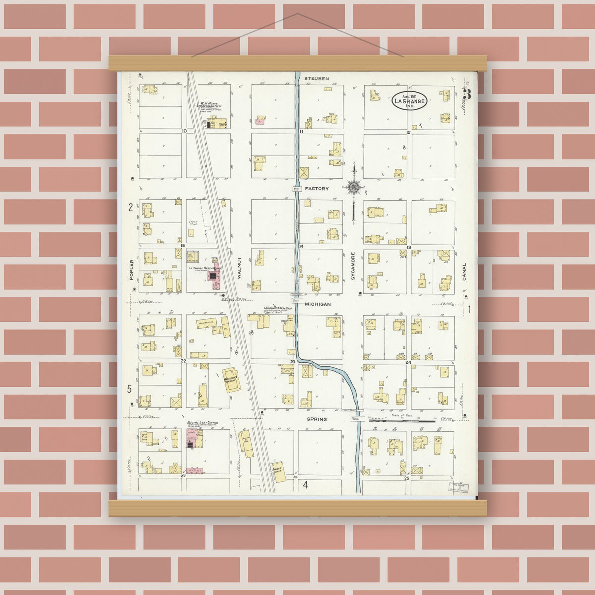 Old map wall art mockup — magnetic wood frame on brick wall — Sanborn Fire Insurance Map from Lagrange, LaGrange County, Indiana (1910), Sheet #0003