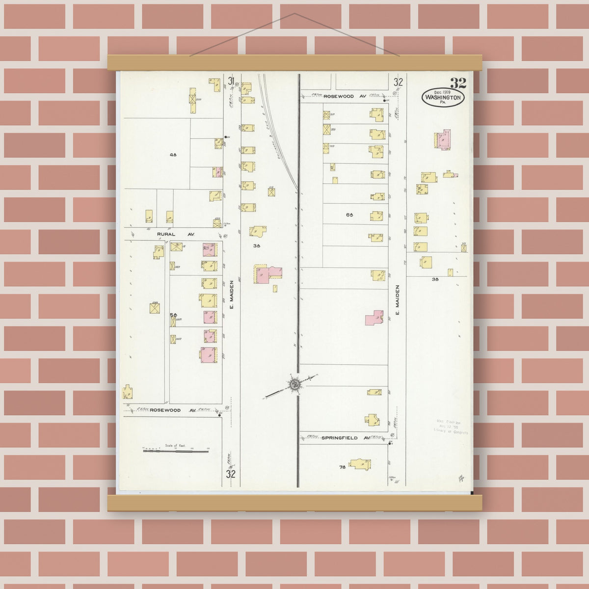 Old map wall art mockup — magnetic wood frame on brick wall — Sanborn Fire Insurance Map from Washington, Washington County, Pennsylvania (1909), Sheet #0032